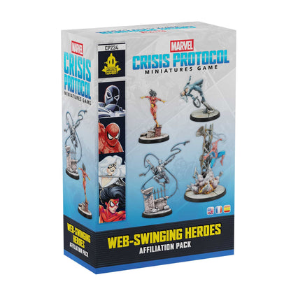 A white box for the Marvel Crisis Protocol Web-Swinging Heroes Affiliation Pack features four dynamic painted miniatures like Spider-Man and Spider-Woman