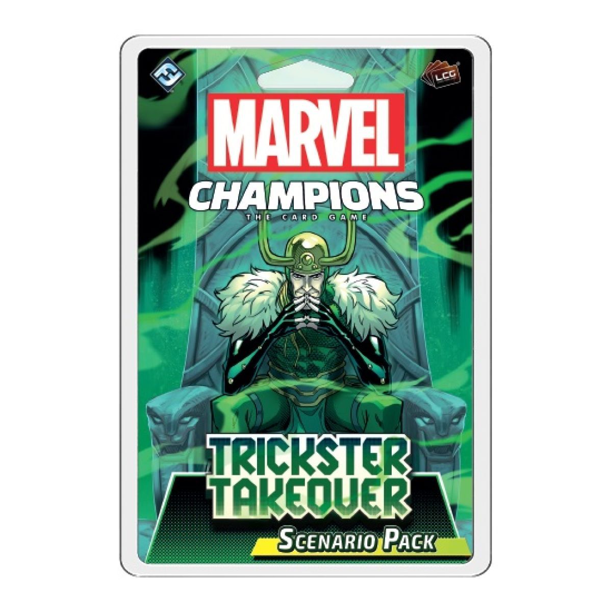 Packaging for the Marvel Champions The Card Game - Trickster Takeover Scenario Pack shows a figure with a horned helmet and green attire seated on a throne against a green background