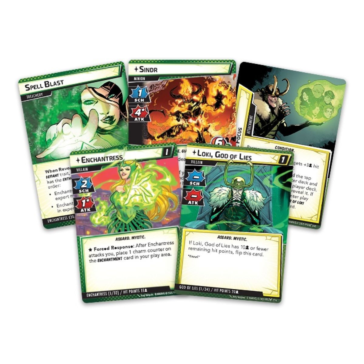 Several Marvel Champions The Card Game cards are fanned out, featuring characters like Enchantress, Loki God of Lies holding glowing green heads, and a fiery monster named Sindr