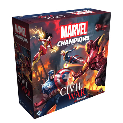The Civil War Expansion board game box front displays four heroes, including one with a shield and another in red armored suit, in a fiery battle