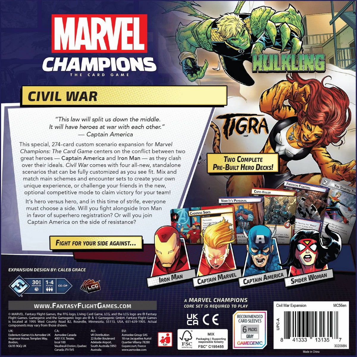 The Marvel Champions The Card Game – Civil War Expansion box shows Hulking, Tigra, Iron Man, Captain America, Captain Marvel, Spider Woman, and game cards