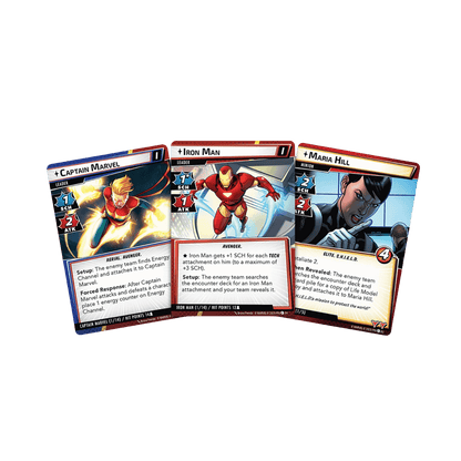 Three Marvel Champions The Card Game cards are fanned out, featuring a glowing blonde woman, a flying armored figure, and a serious dark-haired woman