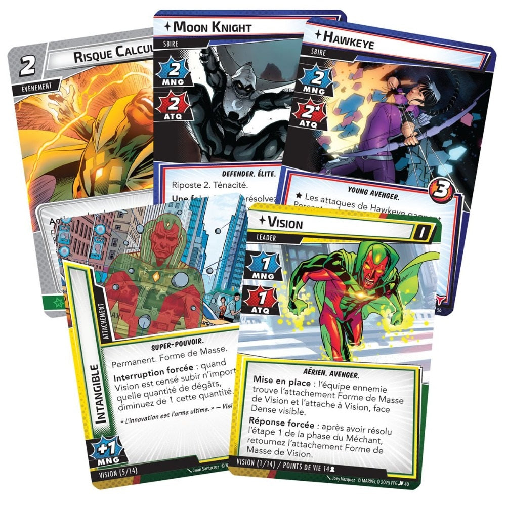 A fan of colourful French Marvel Champions cards showing Vision, Moon Knight, and Hawkeye game components against a white background