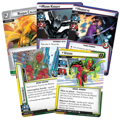 A fan of colourful French Marvel Champions cards showing Vision, Moon Knight, and Hawkeye game components against a white background