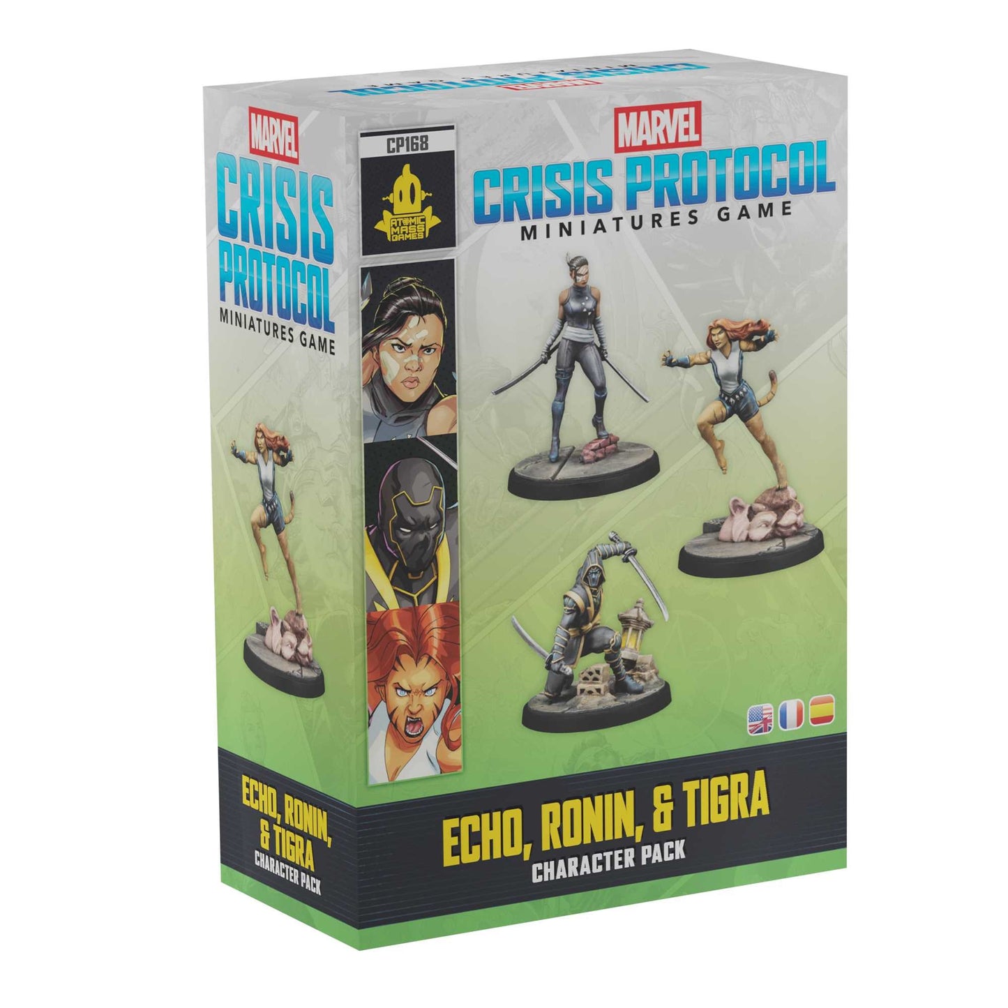 A view of the Marvel Crisis Protocol character pack box featuring Echo Ronin and Tigra miniatures and their comic illustrations