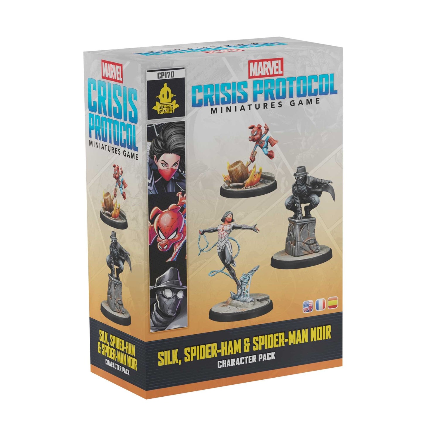 A product box for Marvel Crisis Protocol showing painted miniatures of Silk, Spider-Ham leaping over fire, and Spider-Man Noir crouching on a stone base