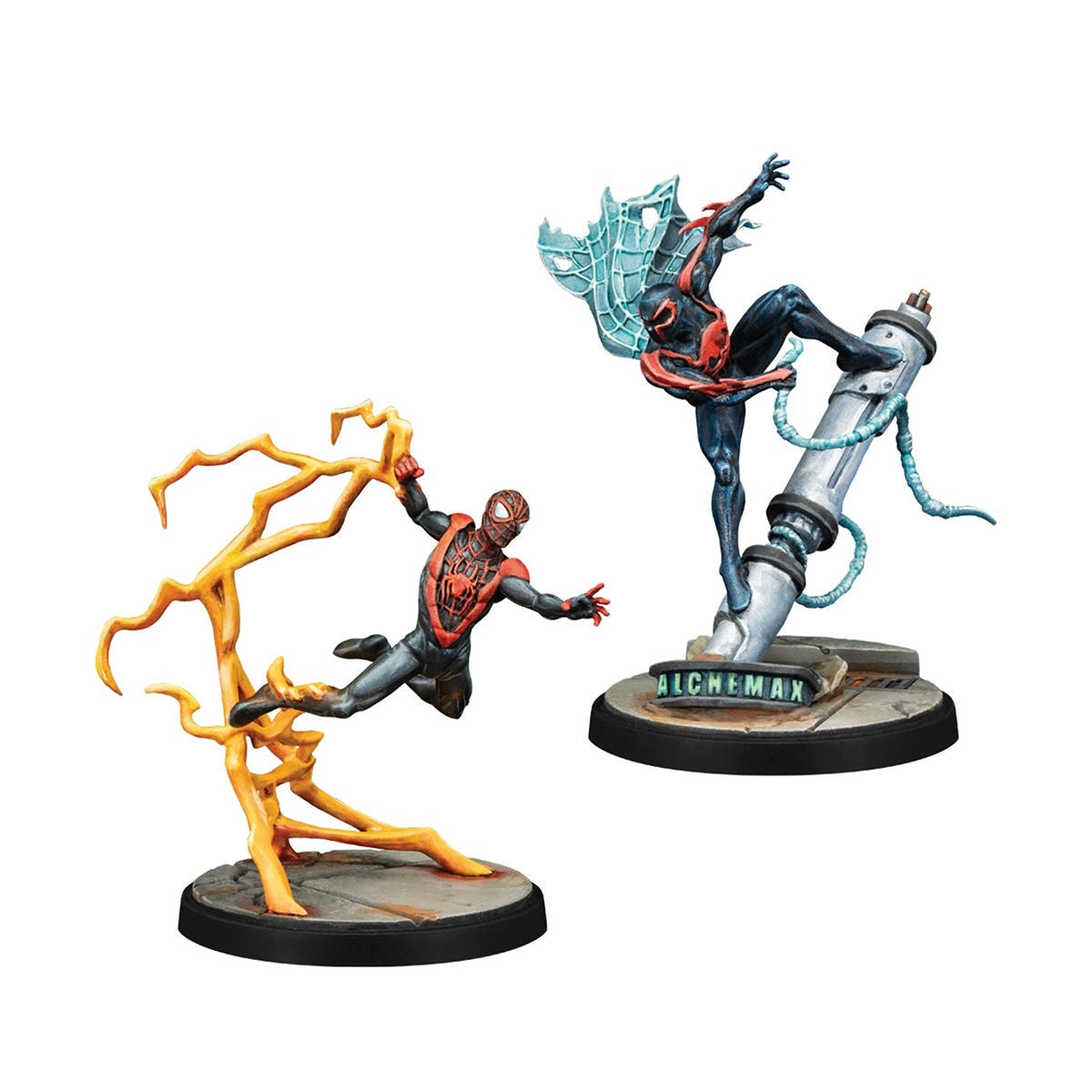 Dynamic painted MCP miniatures show Ultimate Spider-Man leaping through bright yellow lightning and Spider-Man 2099 posed atop an Alchemax column