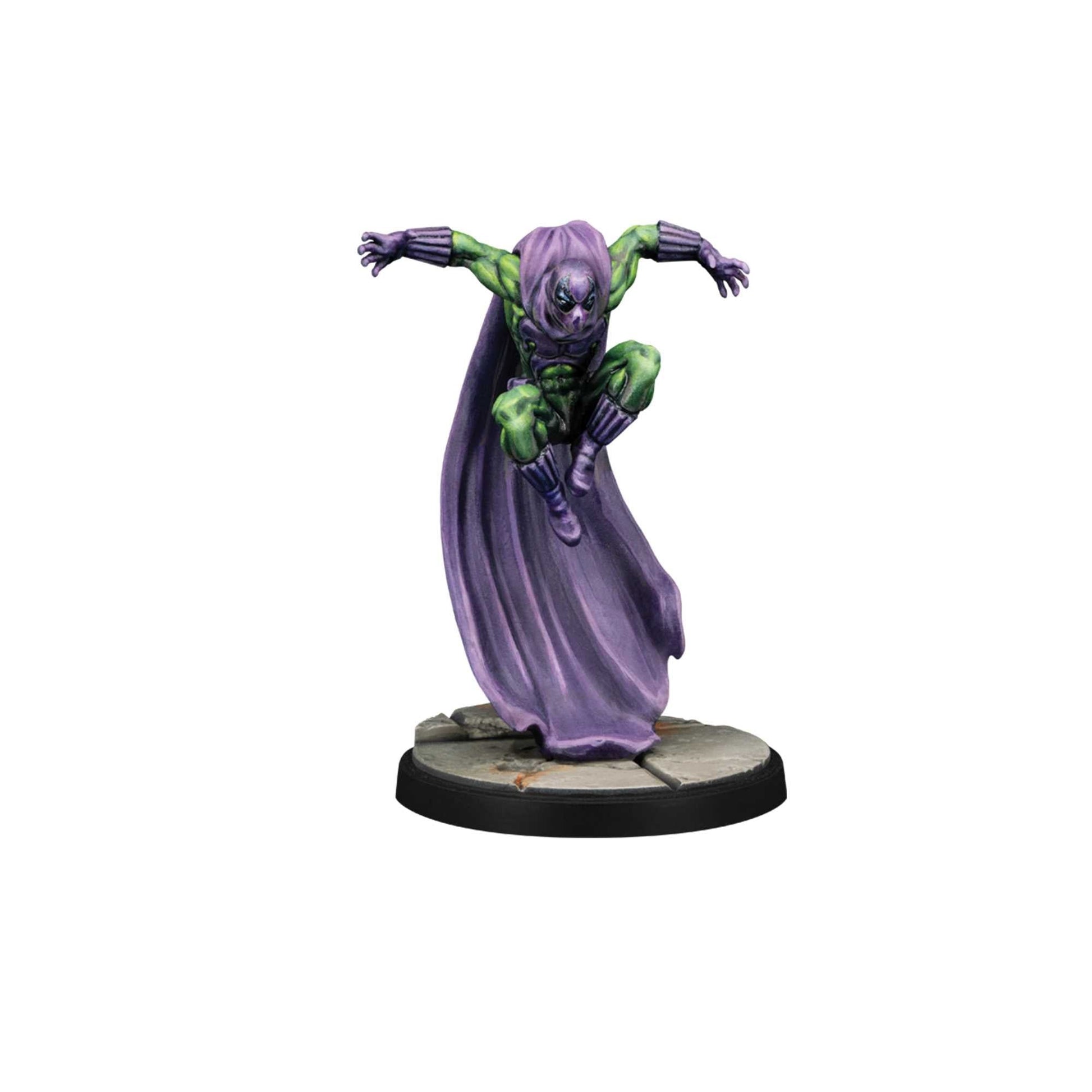 Marvel Crisis Protocol miniature of Prowler, wearing a green suit and a large flowing purple cape, posed leaping on a circular game base