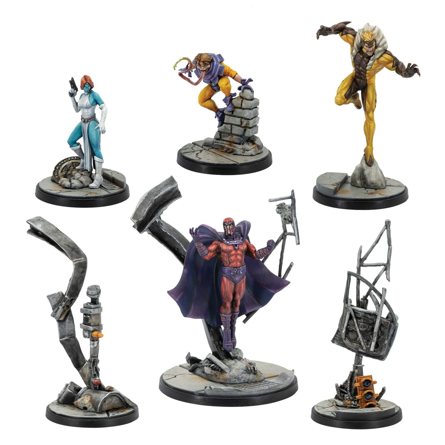 Six painted Marvel Crisis Protocol X-Men miniatures are shown: Magneto, Mystique, Toad, and Sabretooth, posed dramatically on destroyed city terrain bases