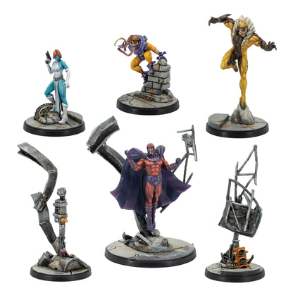 Six painted Marvel Crisis Protocol X-Men miniatures are shown: Magneto, Mystique, Toad, and Sabretooth, posed dramatically on destroyed city terrain bases