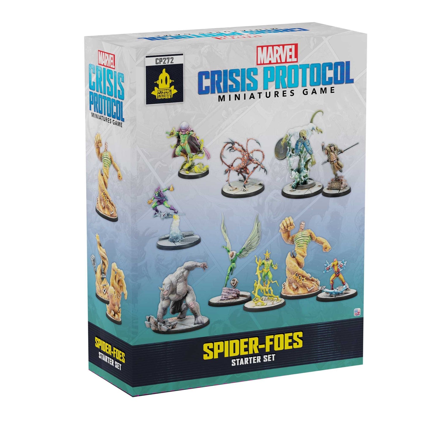 The Marvel Crisis Protocol Spider-Foes Starter Set box is shown featuring ten highly detailed miniatures of iconic Spider-Man enemies including Sandman and Carnage