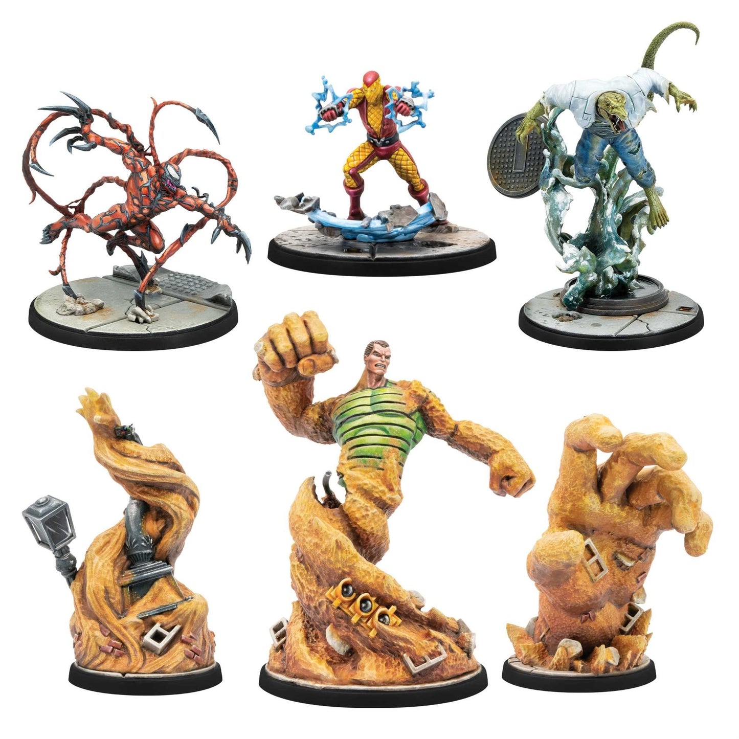 Six painted figures from the Marvel Crisis Protocol Spider Foes set including detailed miniatures of Carnage Shocker Lizard and Sandman shown in three separate towering parts