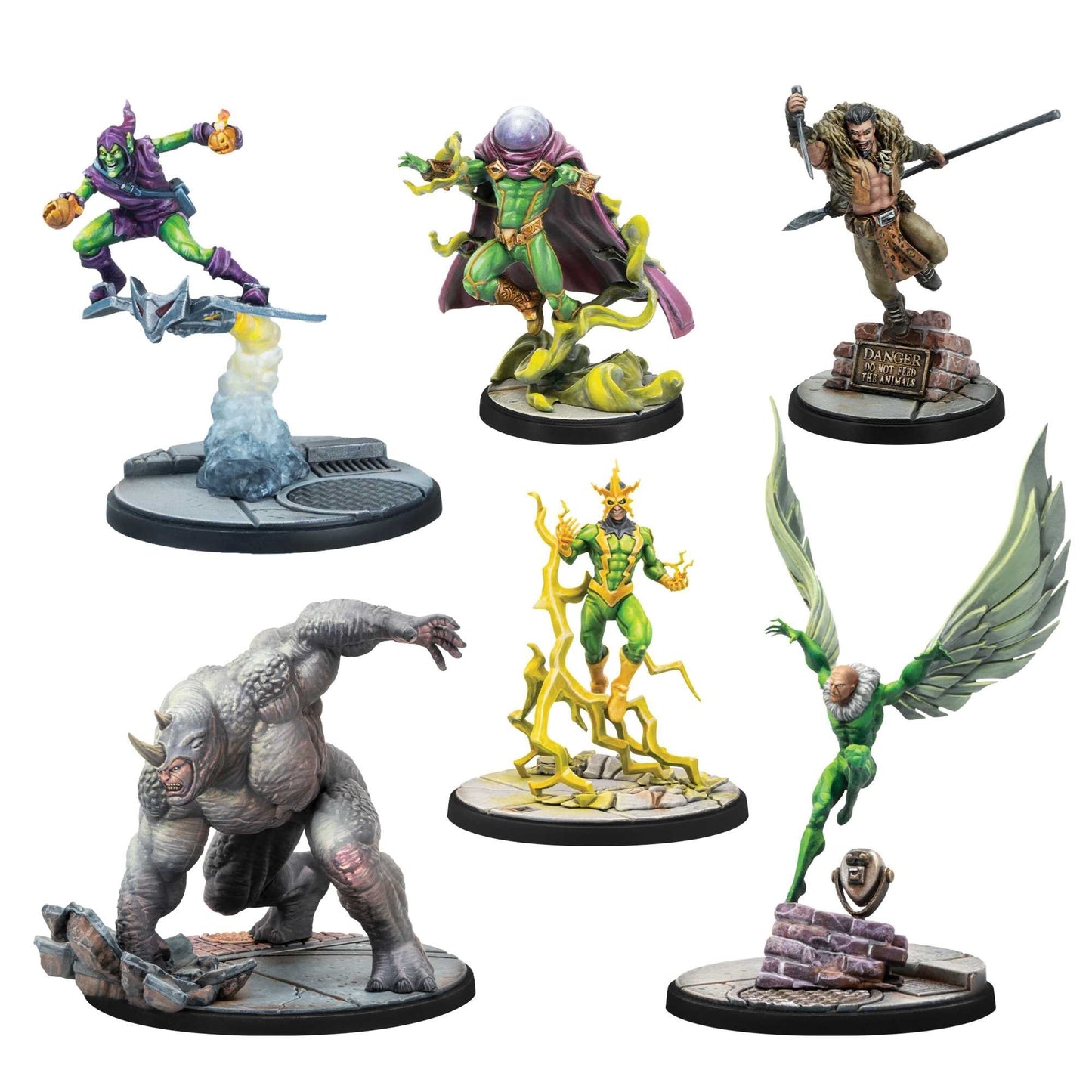 A detailed view of the six painted Marvel Crisis Protocol miniatures: Green Goblin, Mysterio, Kraven the Hunter, Rhino, Electro, and Vulture, posed dynamically on scenic urban bases