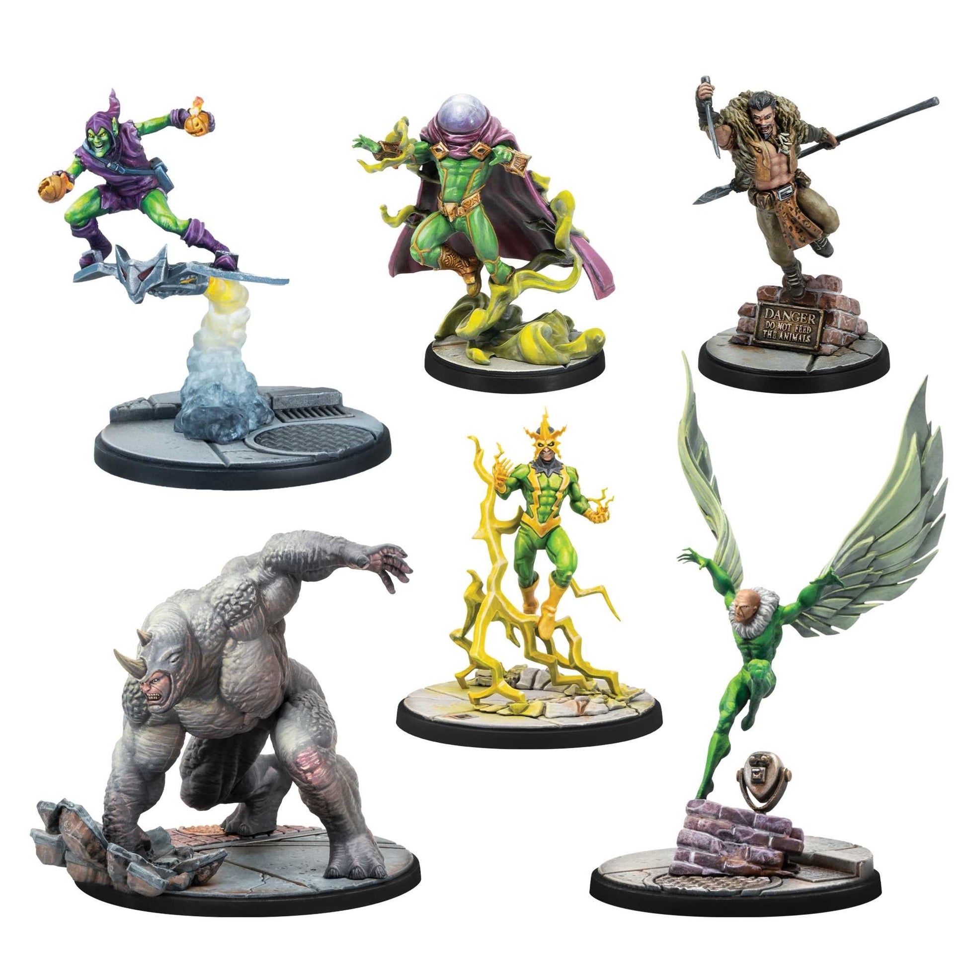 A detailed view of the six painted Marvel Crisis Protocol miniatures: Green Goblin, Mysterio, Kraven the Hunter, Rhino, Electro, and Vulture, posed dynamically on scenic urban bases