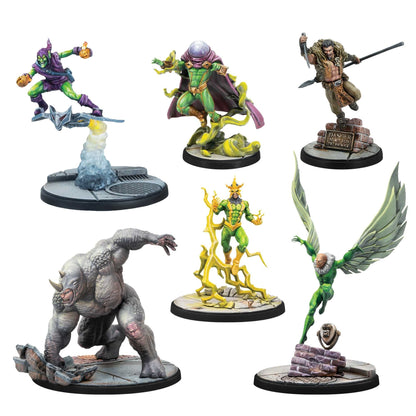 A detailed view of the six painted Marvel Crisis Protocol miniatures: Green Goblin, Mysterio, Kraven the Hunter, Rhino, Electro, and Vulture, posed dynamically on scenic urban bases