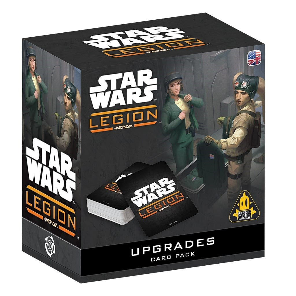 The Star Wars Legion Upgrades Card Pack features a black box with Imperial officer artwork and a small stack of visible game cards prominently displayed at the bottom front