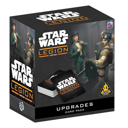 The Star Wars Legion Upgrades Card Pack features a black box with Imperial officer artwork and a small stack of visible game cards prominently displayed at the bottom front