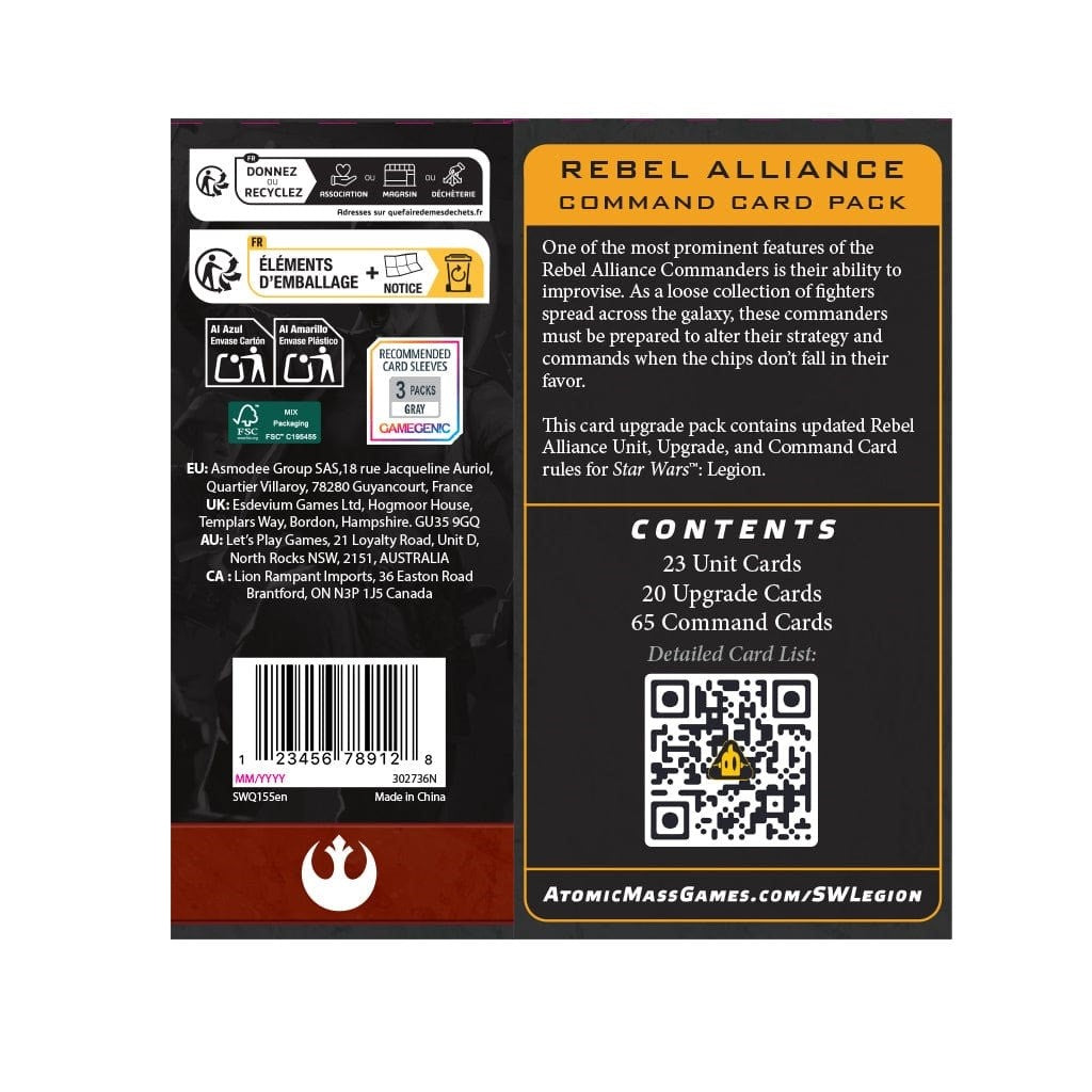 Reverse packaging of the Star Wars Legion Rebel Alliance Command Card Pack showing contents including 23 unit cards and 65 command cards printed on a black and green background