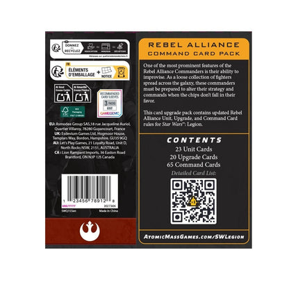 Reverse packaging of the Star Wars Legion Rebel Alliance Command Card Pack showing contents including 23 unit cards and 65 command cards printed on a black and green background
