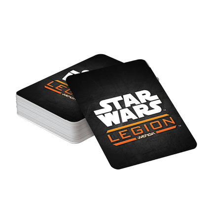 This image features a thick stack of black Star Wars Legion game cards displaying the white Star Wars and orange Legion logos on the top card