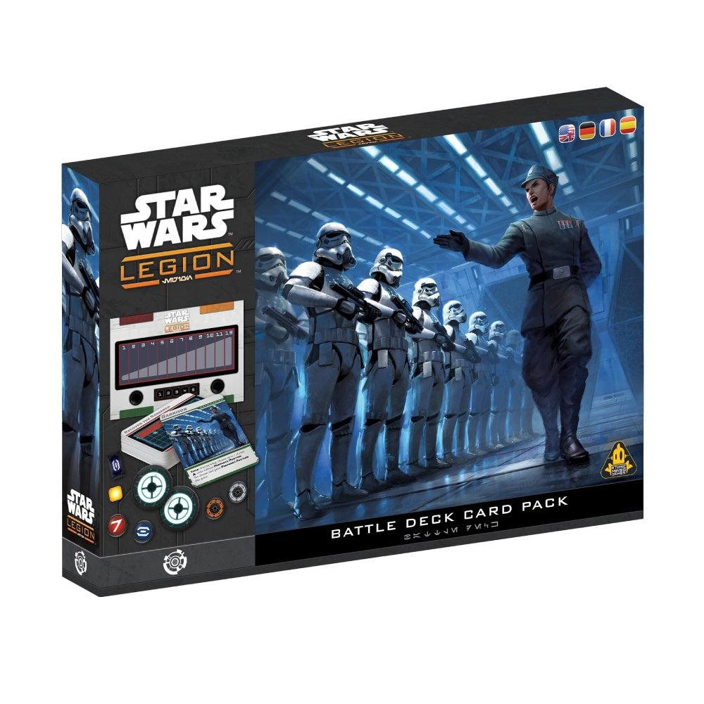 The Star Wars Legion Battle Deck Card Pack box displays an Imperial Officer commanding Stormtroopers alongside game trackers and various tokens