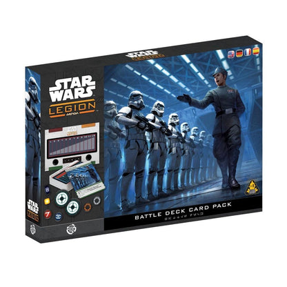The Star Wars Legion Battle Deck Card Pack box displays an Imperial Officer commanding Stormtroopers alongside game trackers and various tokens