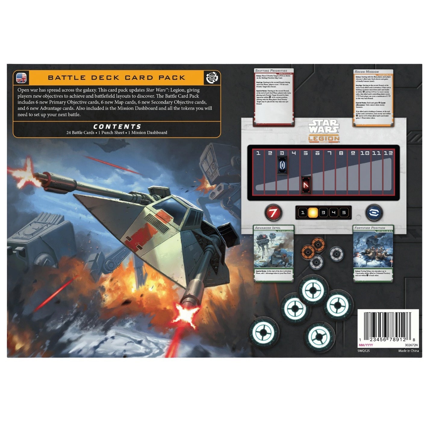 Star Wars Legion Battle Card Pack packaging displaying a central mission dashboard, game cards, and tokens against a background illustration of a starfighter firing on a snowy battlefield