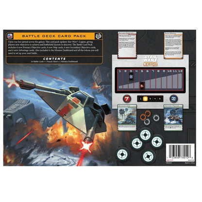 Star Wars Legion Battle Card Pack packaging displaying a central mission dashboard, game cards, and tokens against a background illustration of a starfighter firing on a snowy battlefield