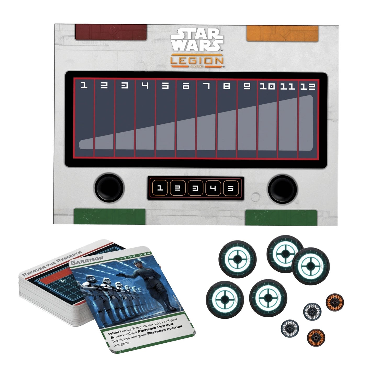 The Star Wars Legion Battle Card Pack displays a futuristic gray tracking console, a deck of cards featuring Stormtroopers, and various circular game tokens