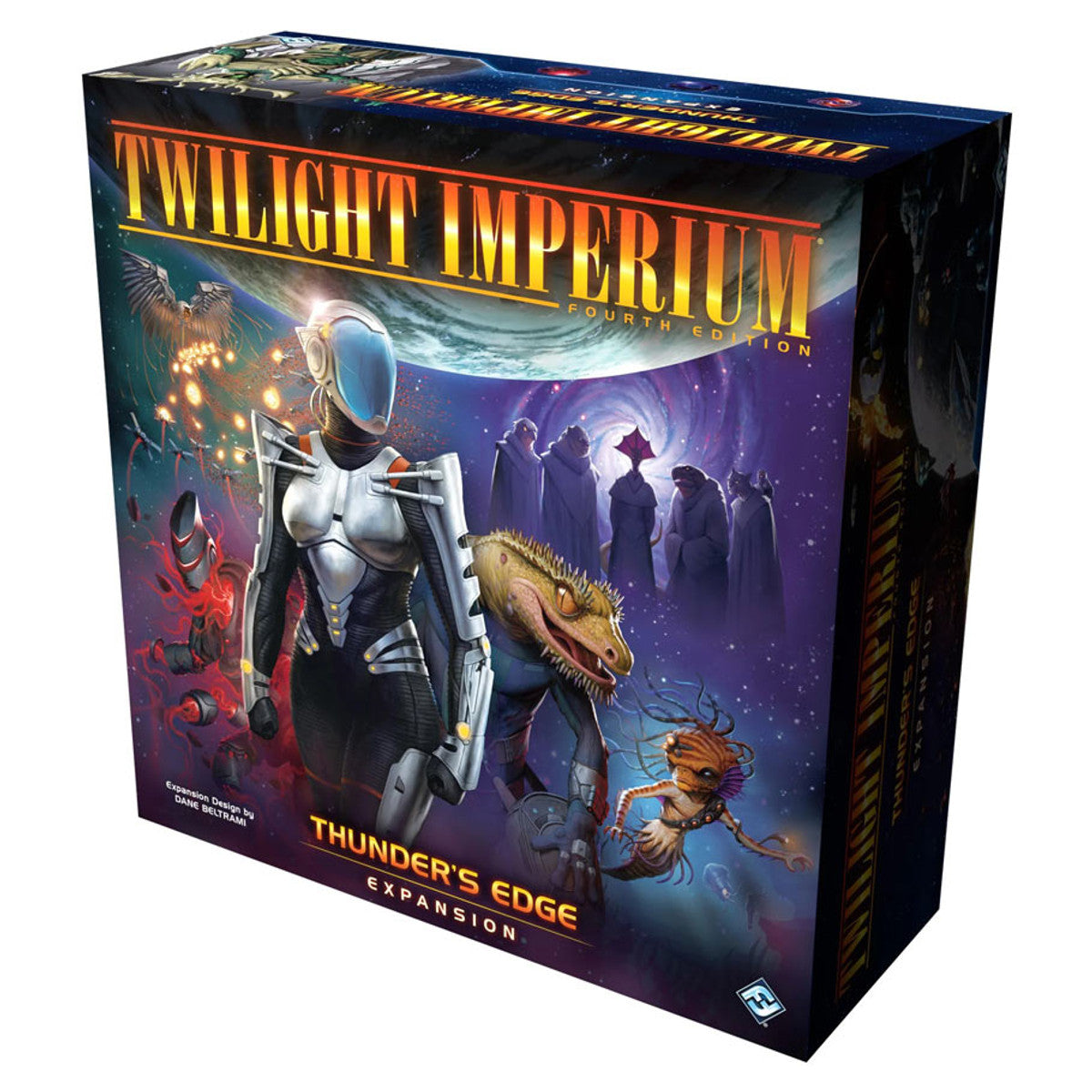 The Twilight Imperium Thunder's Edge Expansion box features space-themed art depicting a white-armored human and diverse aliens in a stellar scene