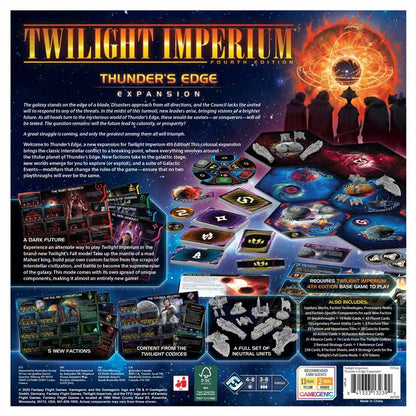 The back of the Twilight Imperium Thunder's Edge Expansion box features gray plastic miniatures five new faction sheets modular galaxy tiles and detailed component lists