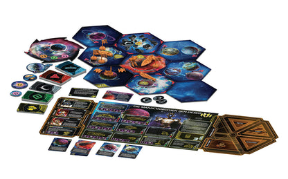Twilight Imperium Thunder's Edge expansion components including galaxy hex tiles cards tokens and orange plastic miniature fleet pieces displayed on white