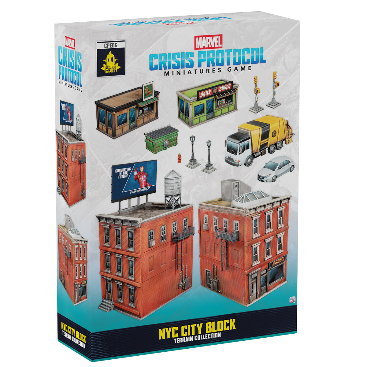 White box showing the Marvel Crisis Protocol NYC City Block Terrain Collection featuring brick buildings, a Daily Bugle shop, a garbage truck, and street accessories