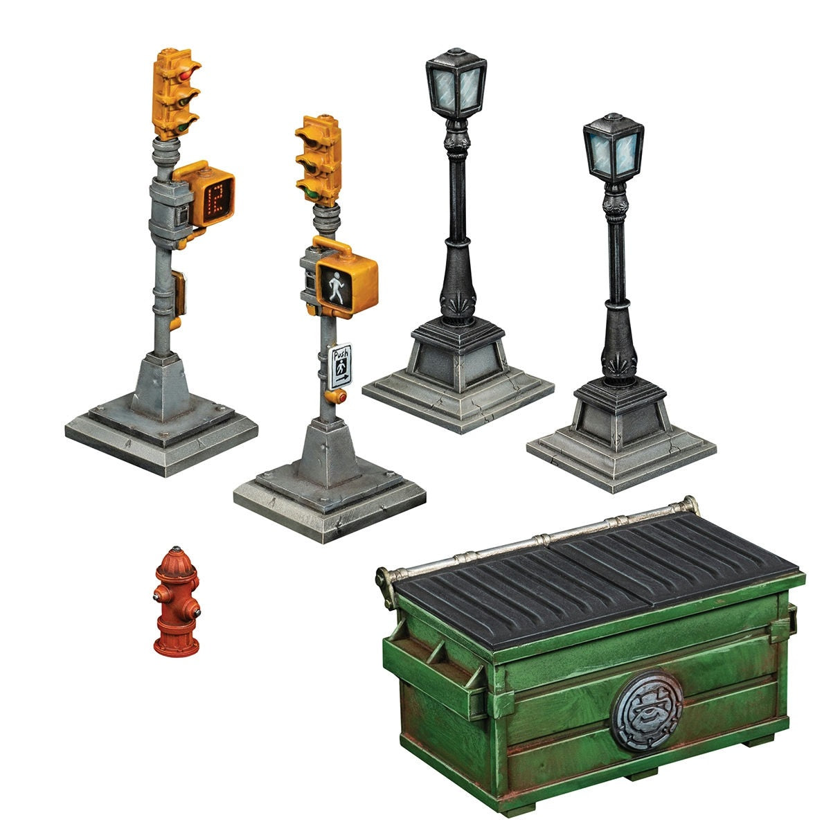 This Marvel Crisis Protocol set includes detailed miniature terrain featuring two yellow traffic signals, two black street lamps, one red hydrant, and a large green dumpster