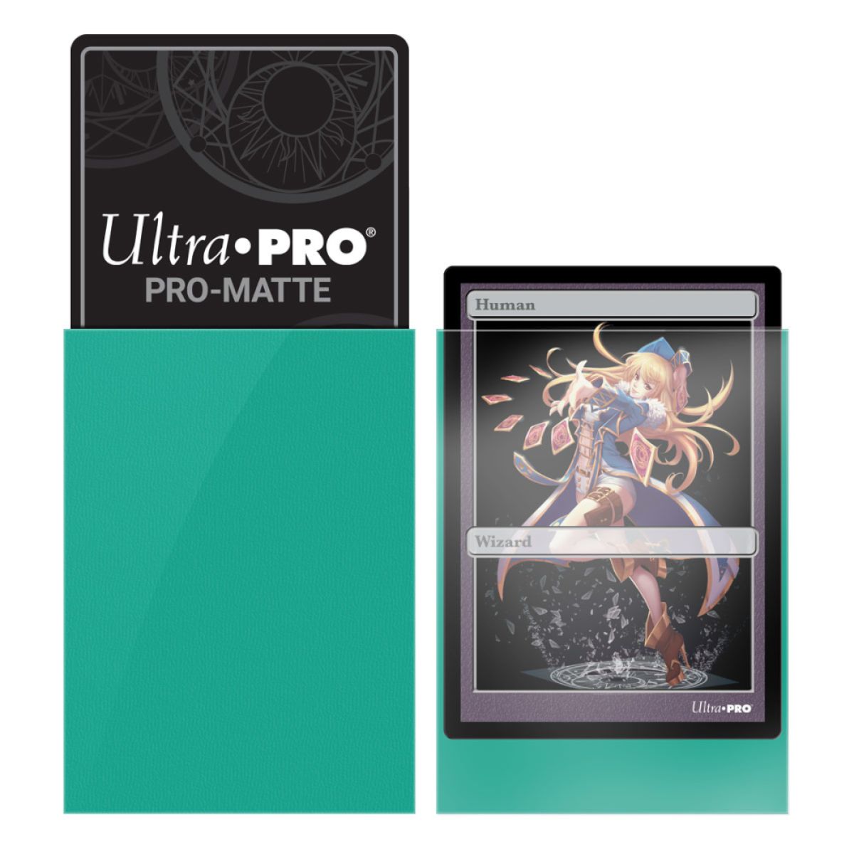 Aqua Ultra Pro Pro-Matte card sleeves demonstrated with an anime-style "Human Wizard" trading card