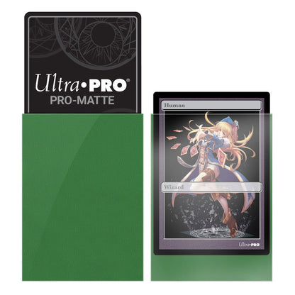 Ultra Pro green PRO-MATTE card sleeves, featuring a branded insert and a sleeved Human Wizard fantasy card