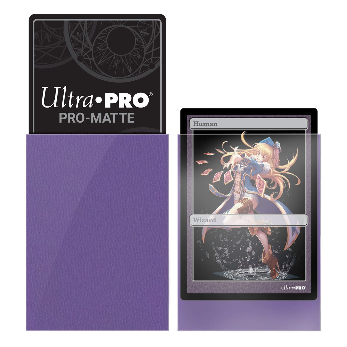 Purple Ultra Pro Pro-Matte sleeve back next to a sleeved trading card featuring a female wizard illustration