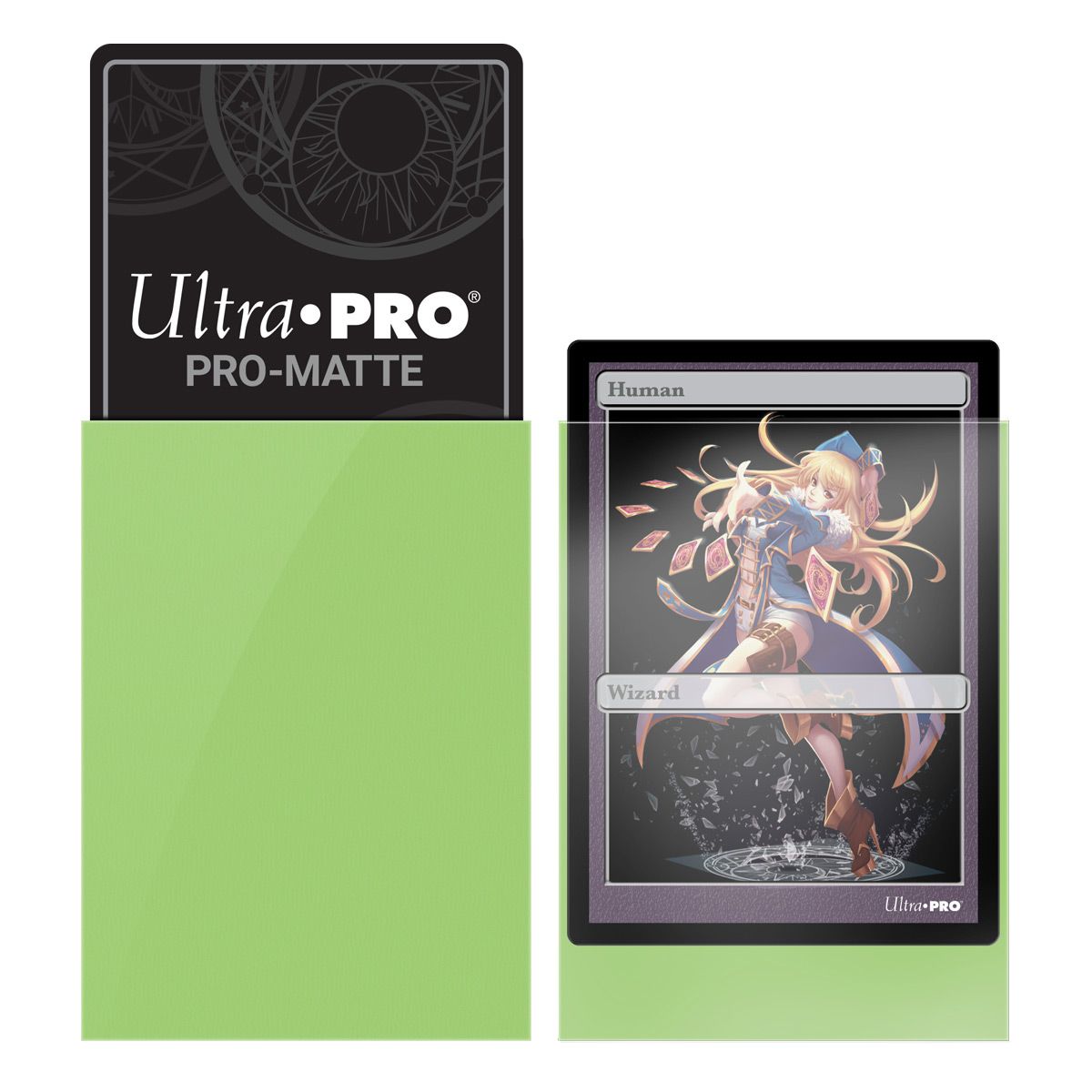 Lime green Ultra Pro card sleeves shown with a black card back and an anime Human Wizard token card