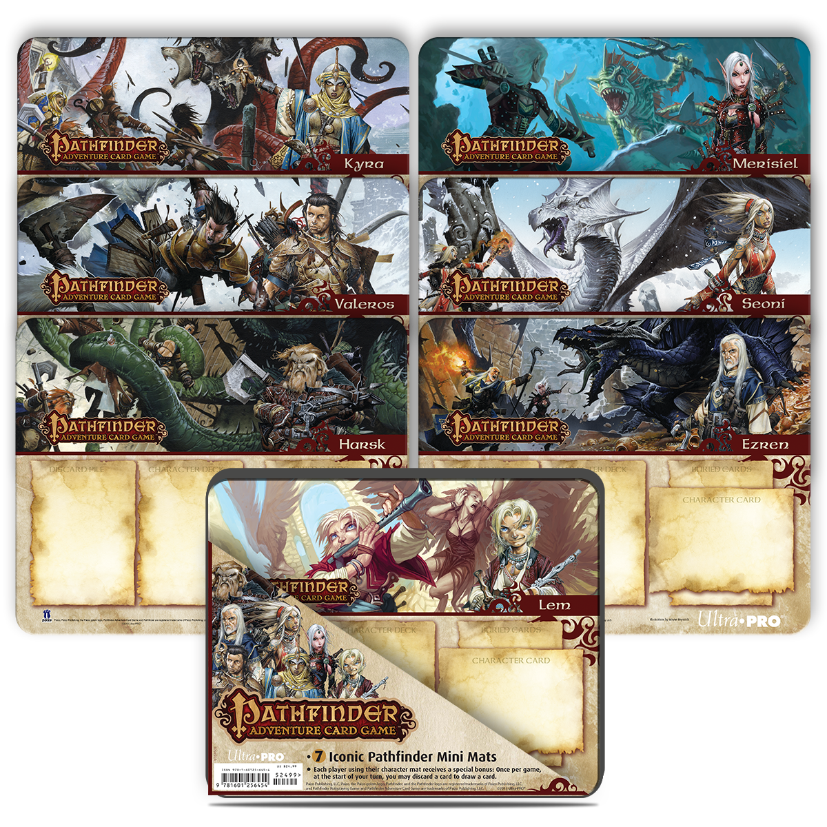 Seven Pathfinder Adventure Card Game mini mats, each with unique fantasy artwork of characters and creatures