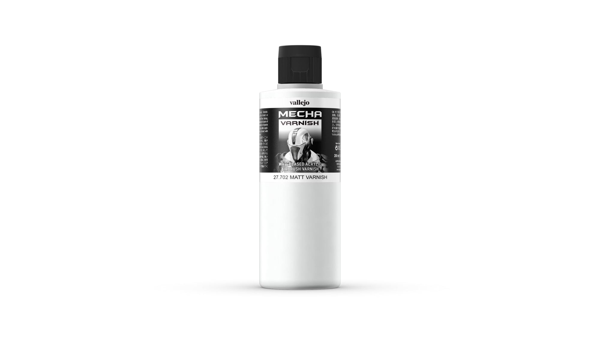 A white bottle of Mecha Colour 200ml Matt Varnish with a black cap and a label depicting a robot helmet