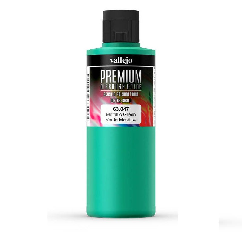 A teal Vallejo Premium Airbrush colour bottle labeled "Metallic Green 63.047"