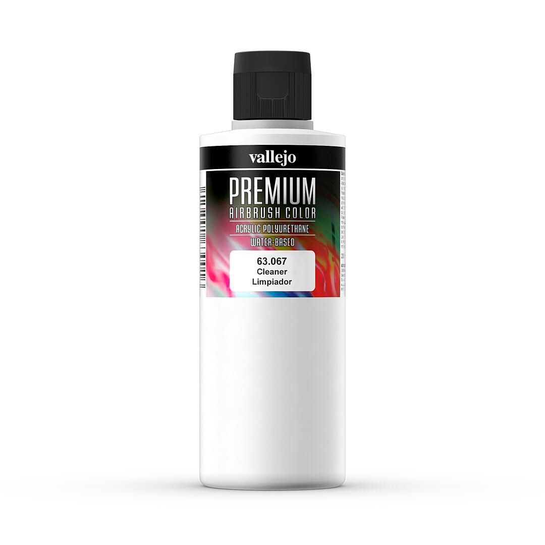 A white bottle of Premium Airbrush colour Cleaner with a black cap and a colourful label is shown on a white background