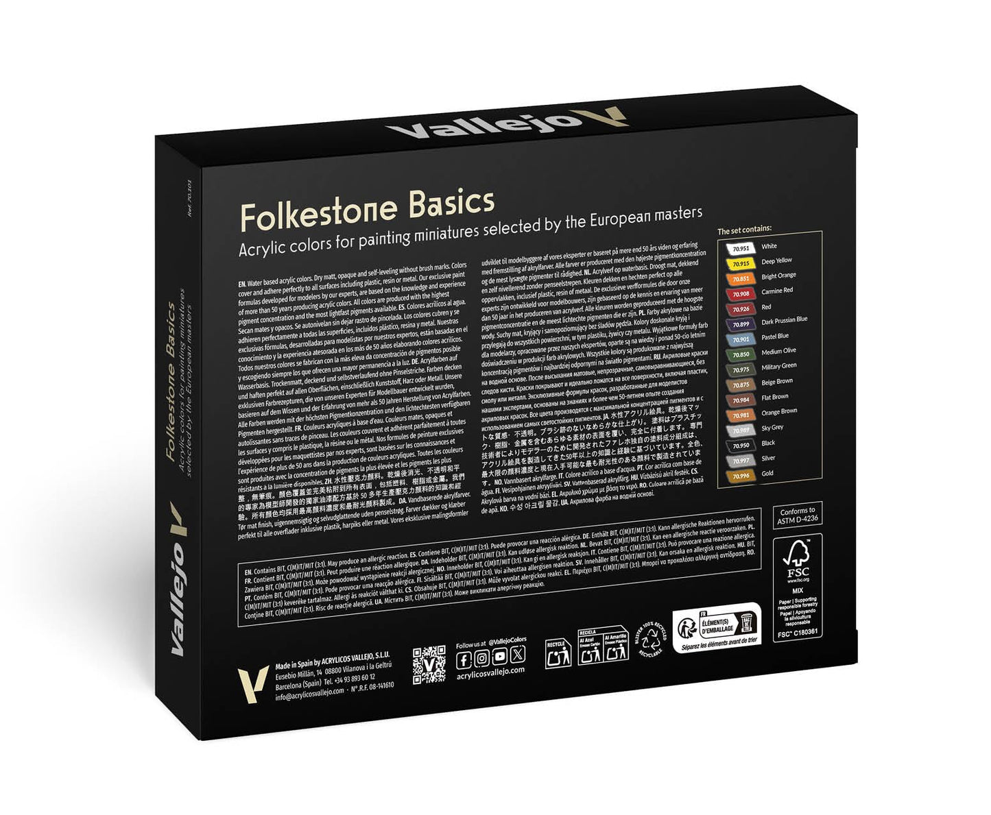 A black box for a Vallejo Model Folkstone Basics Colour 16-Piece Set showing product descriptions and a list of 16 paint colors