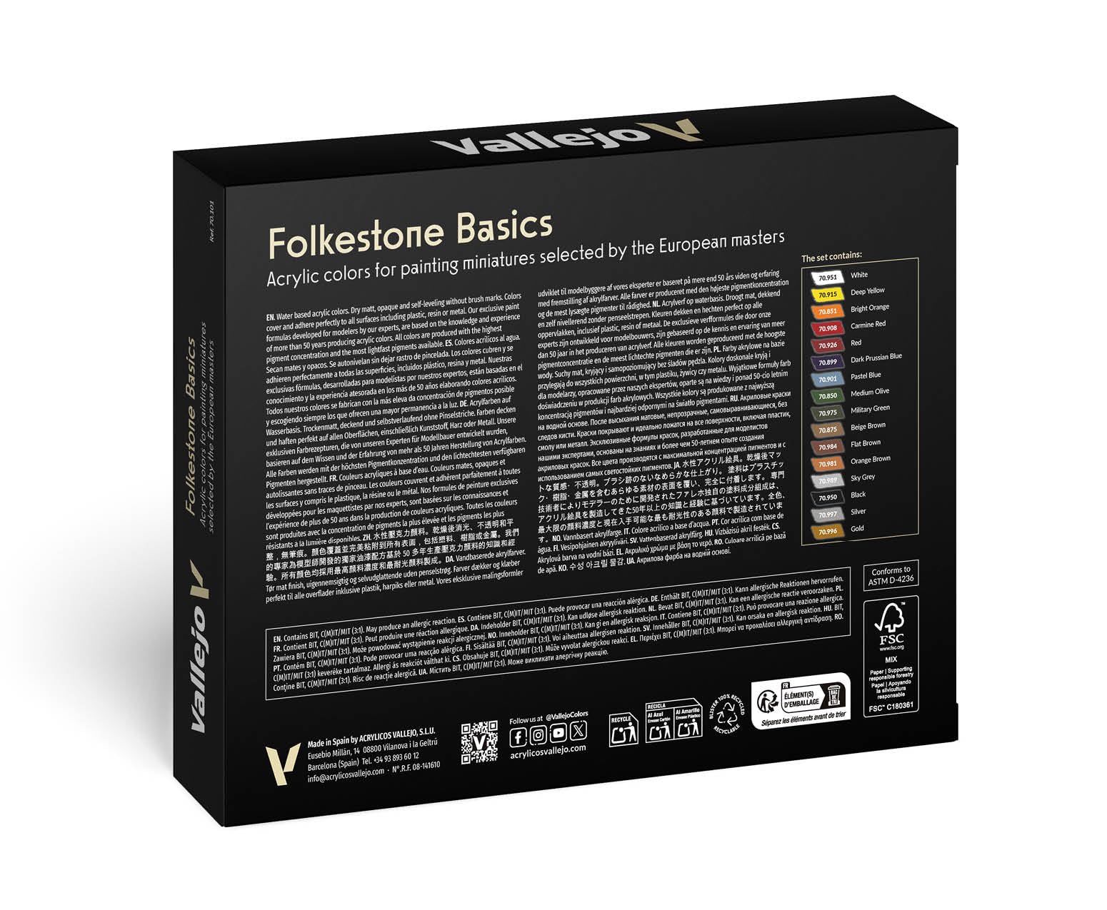 A black box for a Vallejo Model Folkstone Basics Colour 16-Piece Set showing product descriptions and a list of 16 paint colors