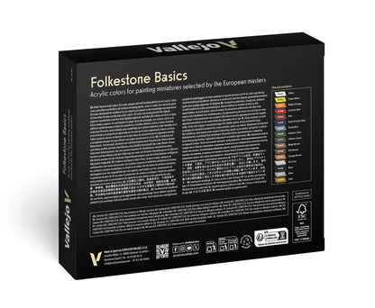 A black box for a Vallejo Model Folkstone Basics Colour 16-Piece Set showing product descriptions and a list of 16 paint colors
