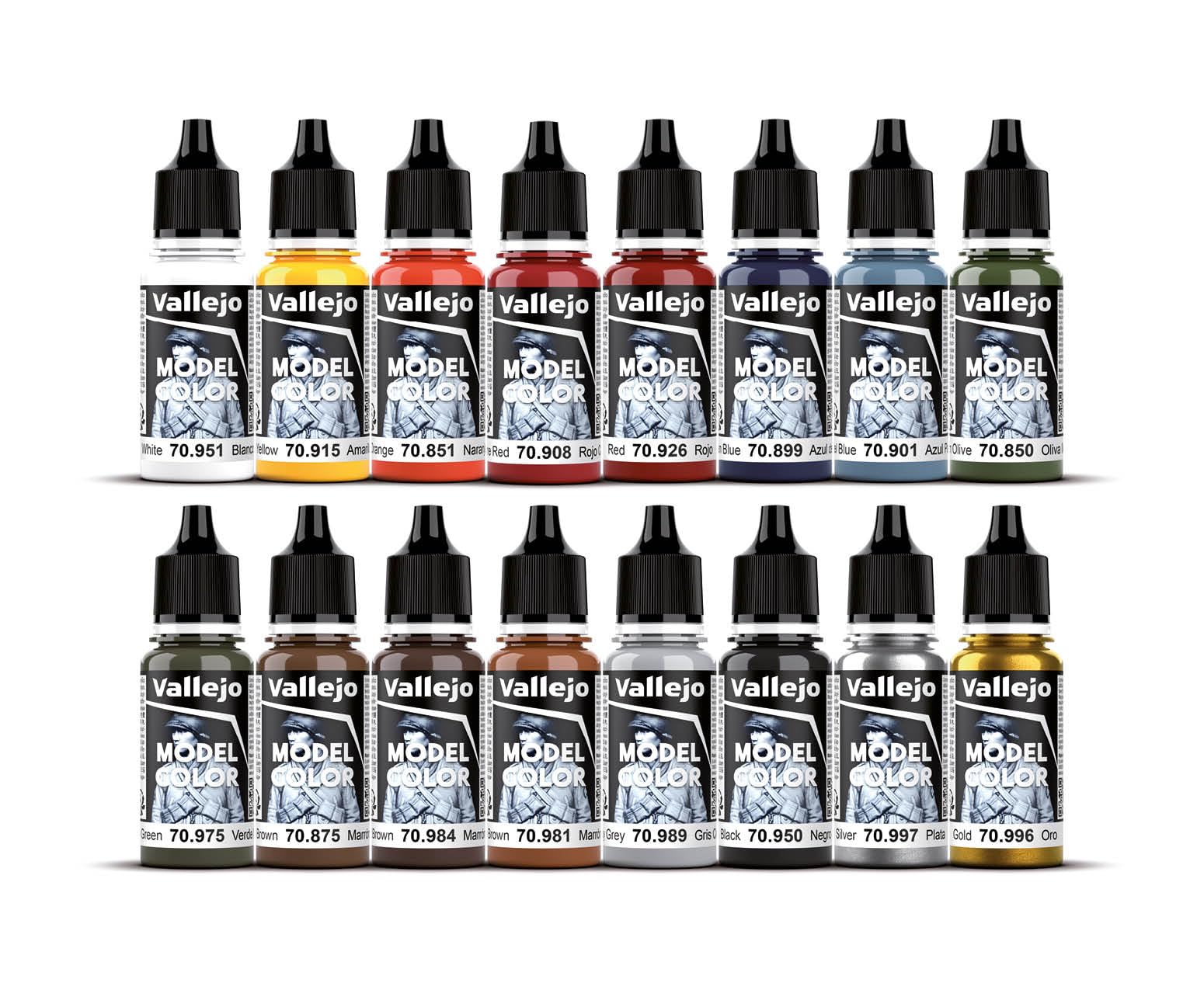 A 16-piece set of Vallejo Model Folkstone Basics Colour paints in a spectrum of colors displayed in two rows