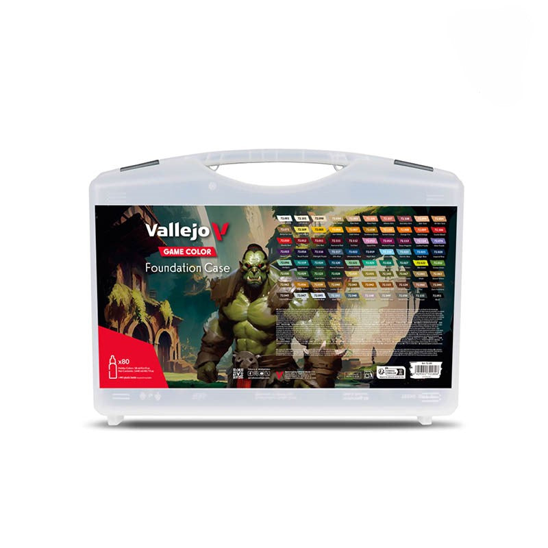 A clear plastic Vallejo Game colour Foundation Case featuring an orc illustration and grid of 80 paint colours