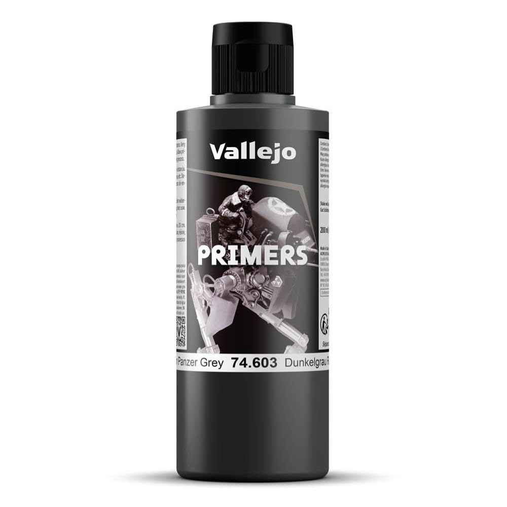 A dark grey 200ml Vallejo Surface Primer bottle for German Panzer Grey Ral7021, featuring a black cap and a graphic of a modeler at work