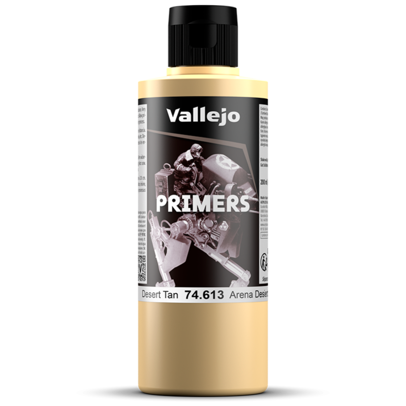 A light tan bottle of surface primer with a black flip-top cap, a black label showing a miniature model and the text PRIMERS Desert Tan 74.613
