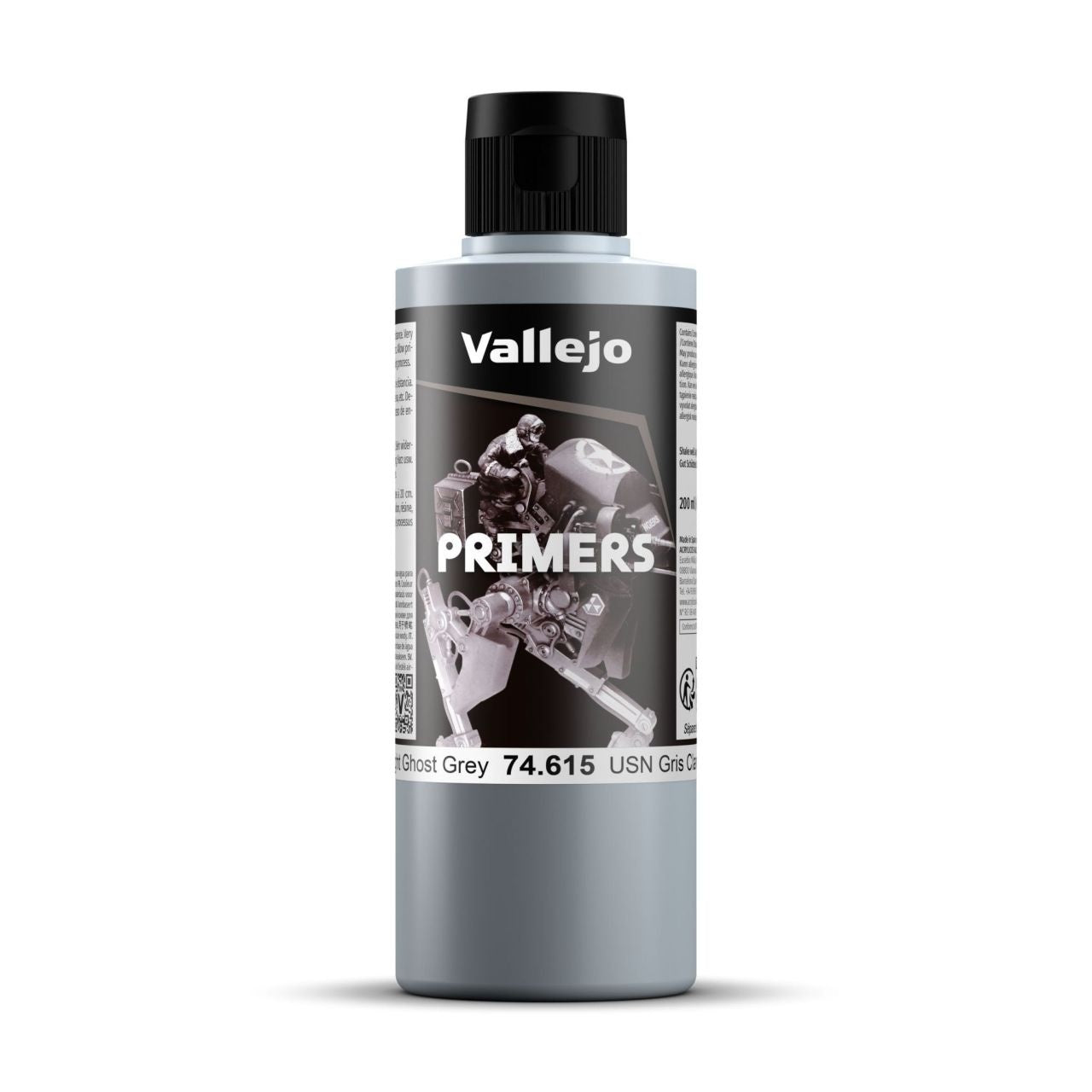 A grey bottle of model paint primer with a black cap, labeled Ghost Grey and Primers